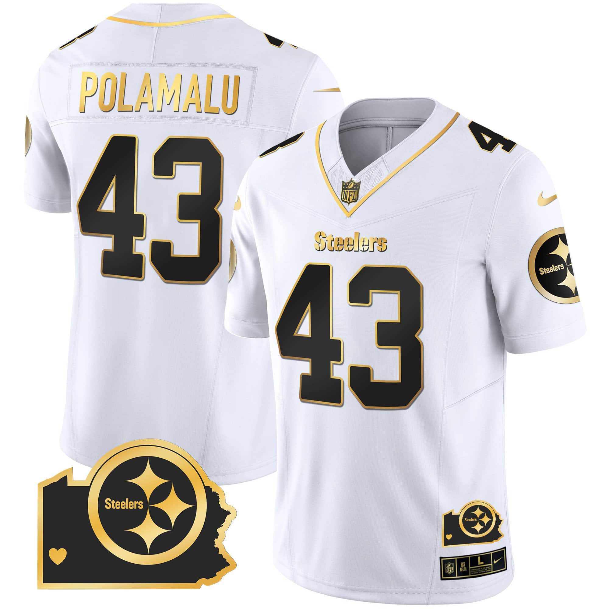 Men Pittsburgh Steelers 43 Polamalu White Gold 2024 Nike Home Patch Vapor Limited NFL Jersey